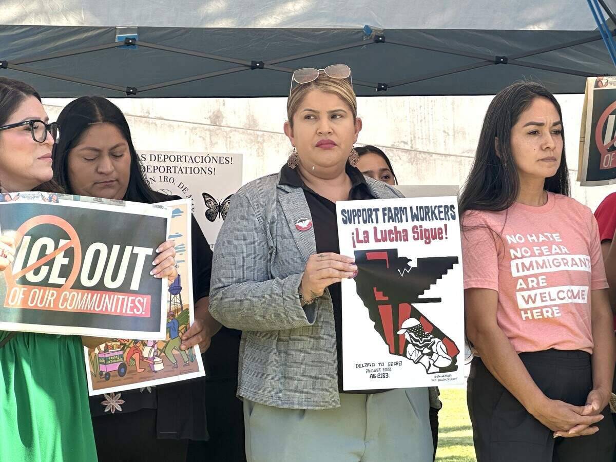 California Assemblymember Esmeralda Soria, left, UFW Foundation organizer Linda Martinez, and Fresno City Council candidate Arianna Martinez Lott, right, attend a news conference in downtown Fresno about ICE actions on Thursday, Oct. 8, 2026.